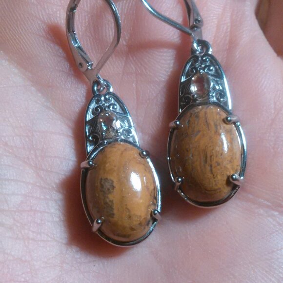 Script Stone and Brazilian Citrine Stainless Steel Lever Back Earrings - Picture 7 of 11